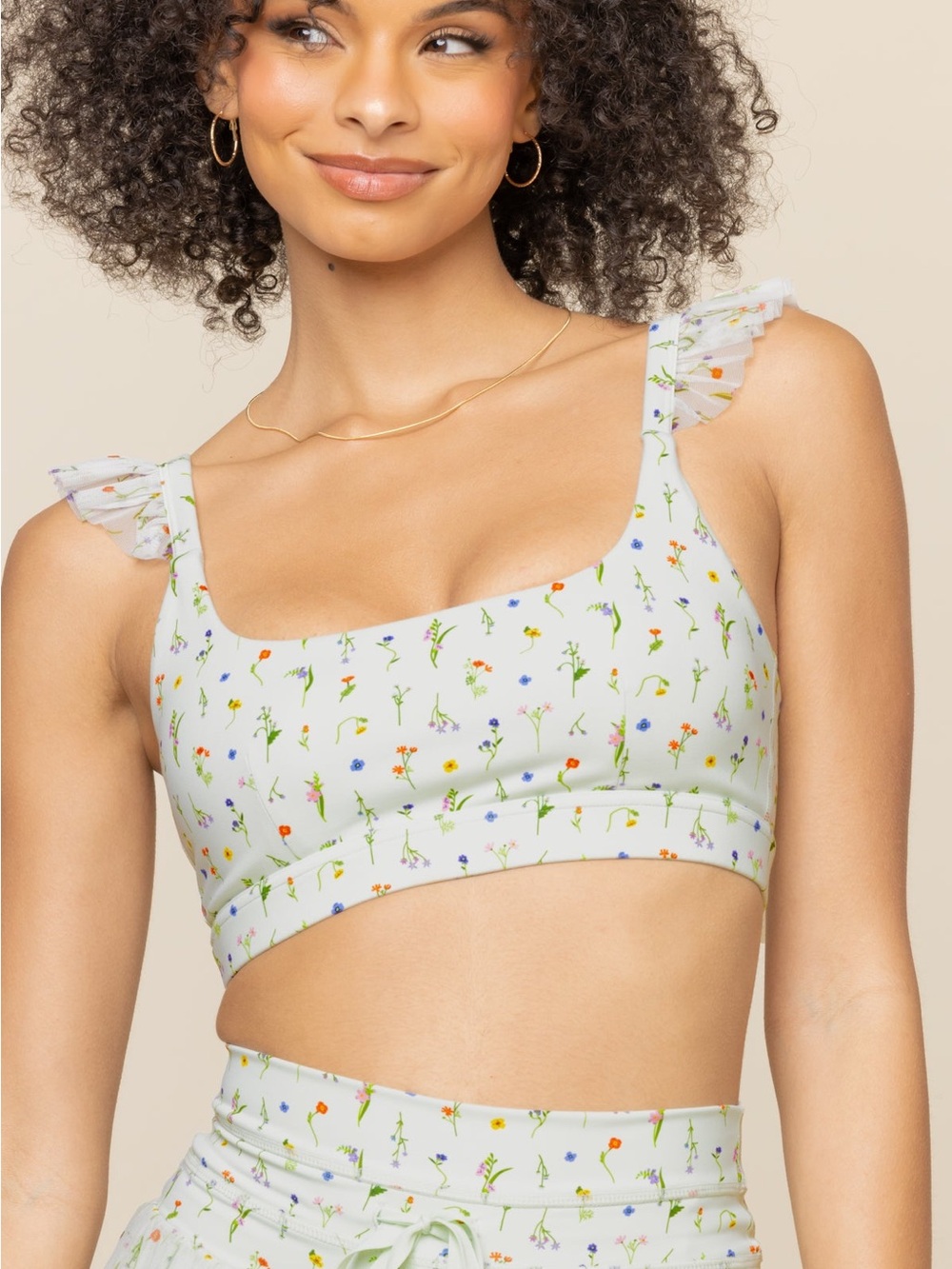 POPFLEX Romance Mesh Ruffle Sports Bra Meadow Floral Print Green XS NEW NWT